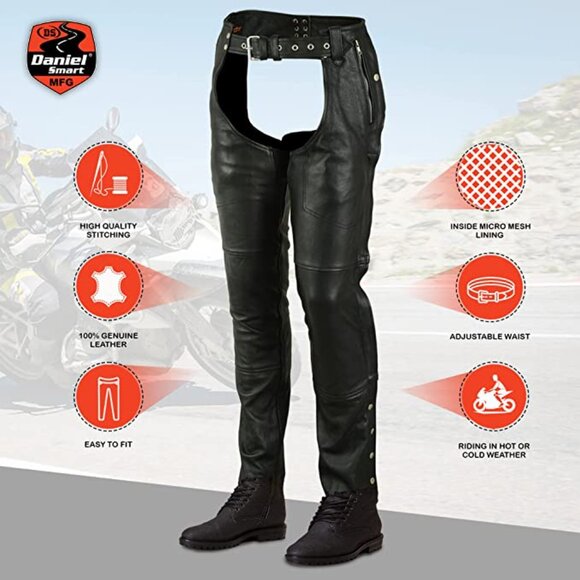 Smart Motorcycle Economy Leather Chaps All Season Unisex Biker Assless Chaps - Picture 1 of 3